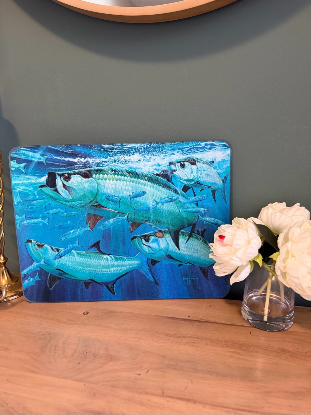 Guy Harvey Mullet Run Tempered Glass Cutting Board Tarpon Fish 16x12